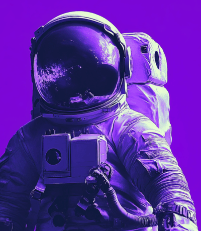 astronaut looking forward, in purplse