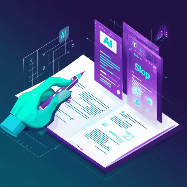 a robotic hand with a digital pen over a computer with the word Slop