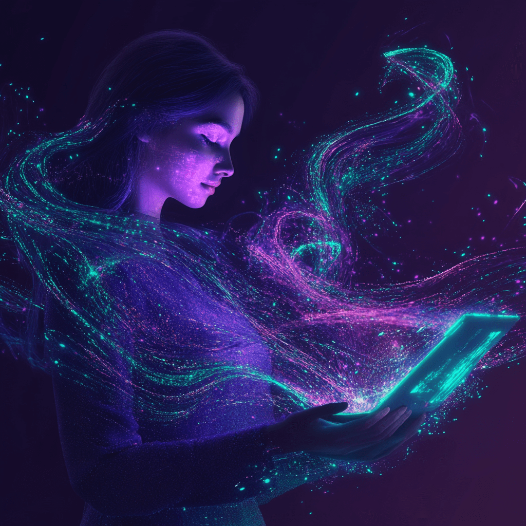 a woman with a sparkling laptop with digital swirls of purple and blue circuling her