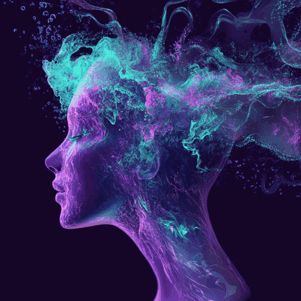 serene woman with her head melding with a cloud of neon network waves