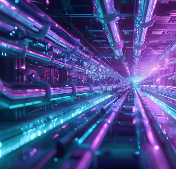 neon blue and purple pipe structure emitting lights of data