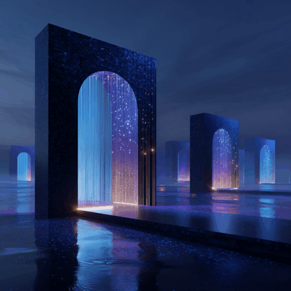 geometric arches like an entrance only filled with streams of data, in night setting, with shades of black, purples and blue reflected on the water
