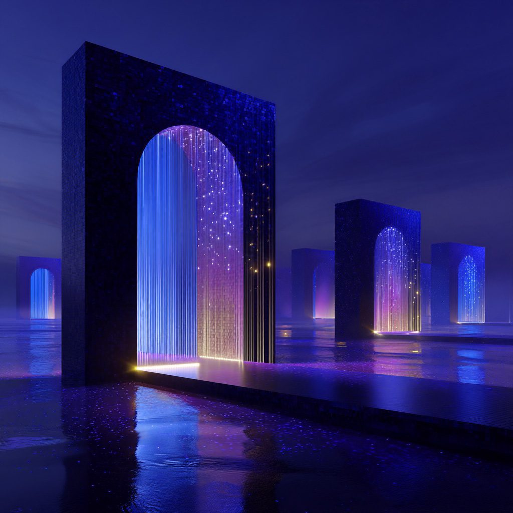 Beautiful arches with colored streams of data sparkling like stars and reflecting on the water to represent the flow of people who subscribe to FreelancerFi