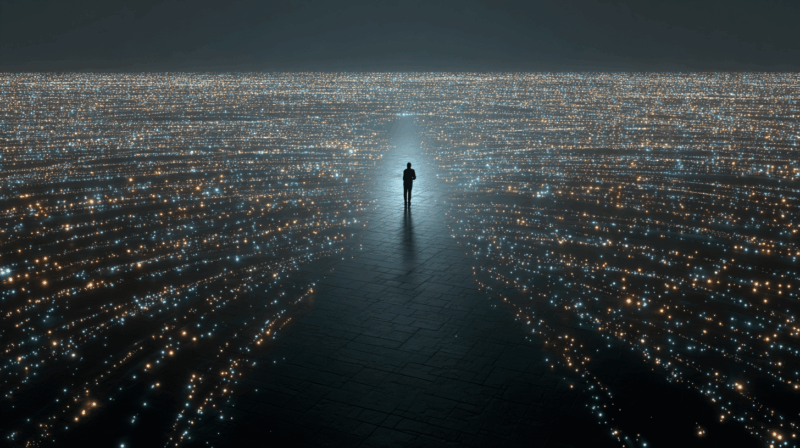 a person in the middle of a dark surface and black sky, surrounded by colorful trails of light